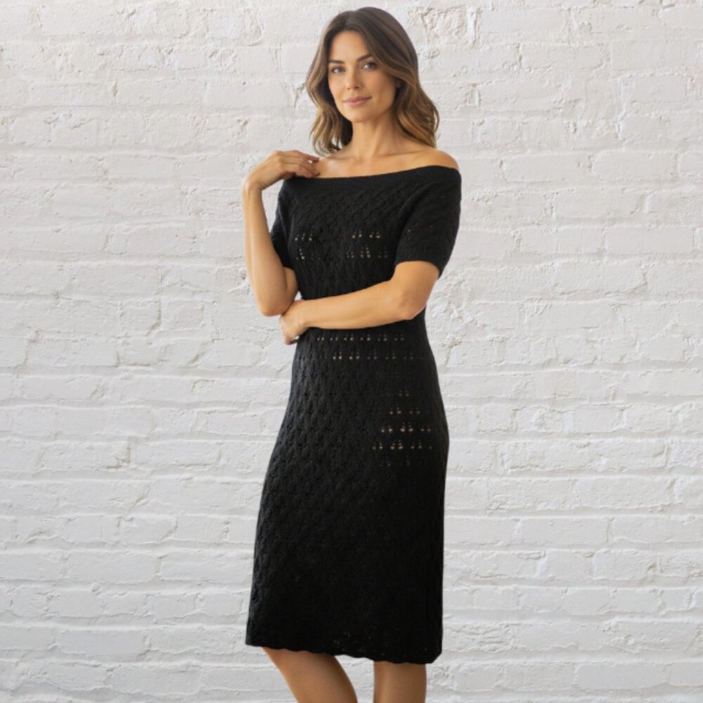 LOVE CHANGE -- Dress, Black See-Through Mesh w/Bardot Neck, Knee Length